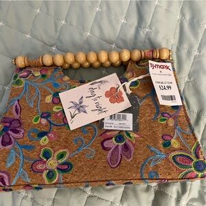 NWT Floral Embroidered Clutch with Wooden Handle